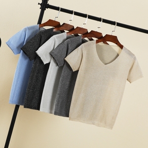 2018 mùa hè mới phần mỏng băng lụa T-Shirt vest nữ chic áo sơ mi ngắn tay V-Cổ đáy áo len