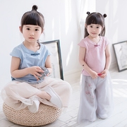 Phong cách trung quốc 2018 mùa hè nữ kho báu retro ngắn tay bé sợi mềm quần rộng chân hai mảnh cha mẹ và con trang phục Hanfu cô gái