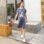 2018 mùa hè mới mang thai phụ nữ ăn mặc cotton ngắn tay váy cotton lỏng tăng triều Hàn Quốc biểu đồ con chó váy bầu thu đông