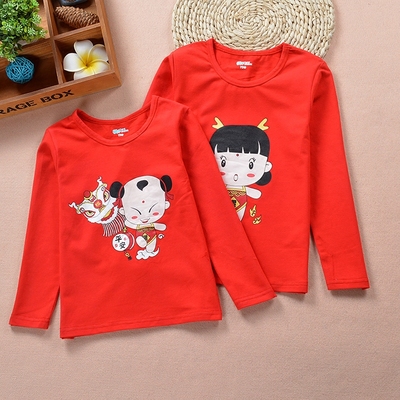 男女童福娃长袖t恤纯棉2017春秋装新款红色圆领衫3-8-10-16岁童装