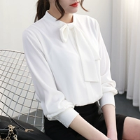 Весенняя белая рубашка, шифоновый топ с бантиком, 2020, в корейском стиле, длинный рукав, оверсайз, по фигуре