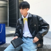 Áo khoác nam mùa thu mới của Hàn Quốc phong cách Hồng Kông thả lỏng phía sau Trung Quốc thêu áo khoác da PU