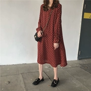 Polka-dot V-cổ dài tay đầm voan mùa thu phụ nữ 2018 mới của Hàn Quốc phiên bản của retro hoang dã lỏng váy dài triều