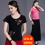 Phong cách quốc gia thêu áo thun ngắn tay nữ phong cách Trung Quốc phụ nữ mùa hè mới thêu tự trồng cơ sở kích thước lớn - Áo phông áo phông trơn