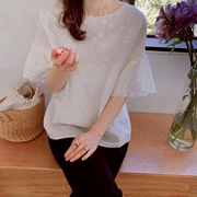Hàn Quốc Dongdaemun mua sắm áo sơ mi cotton và vải lanh nữ thời trang hè 2019 mới thêu khâu tay áo năm điểm - Áo sơ mi