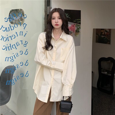 taobao agent Large size Korean version of Polo collar pure color long -sleeved shirt 2023 spring and summer new fat MM casual loose and thin shirt