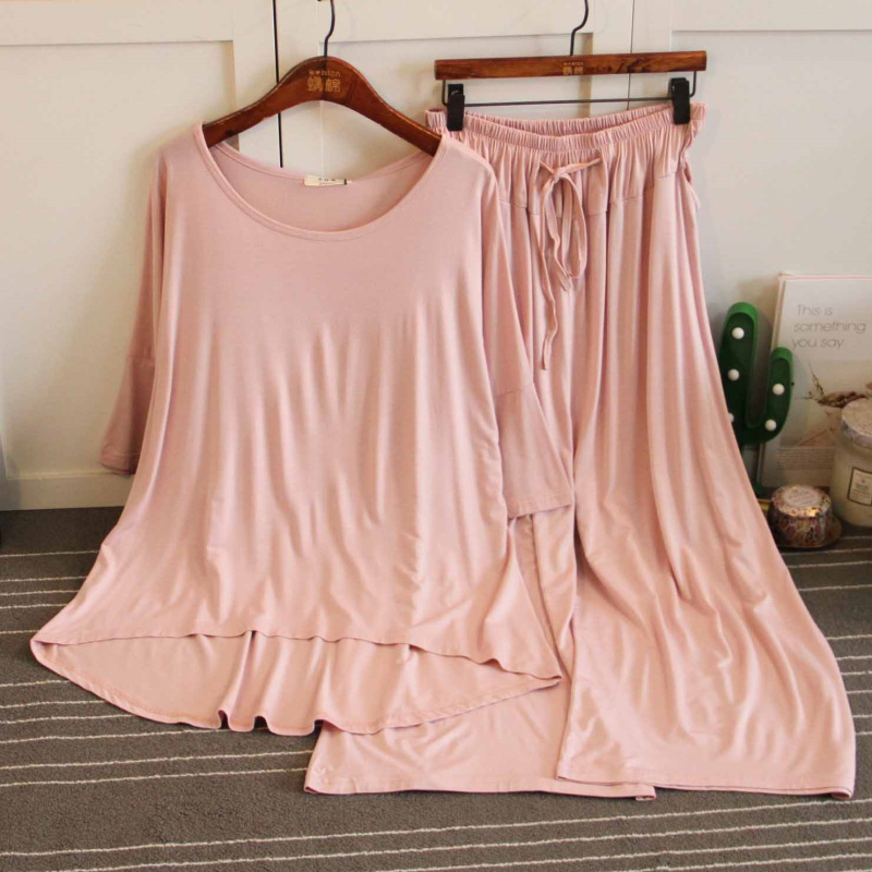 Màu sắc thuần khiết Hàn Quốc giản dị nữ mùa hè đồ ngủ cotton mỏng modal cộng với kích thước 200 kg chất béo MM lỏng lẻo - Cặp đôi