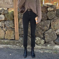 Черные штаны, эластичные джинсы, осенние, 2022 года, высокая талия, свободный прямой крой, в корейском стиле