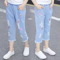 Quần áo bé gái quần jeans xuân hè 2019 phiên bản mới của Hàn Quốc thời trang quần lửng 9 nước ngoài cho bé lớn và trẻ em mùa hè thủy triều - Quần jean quần bò cho bé