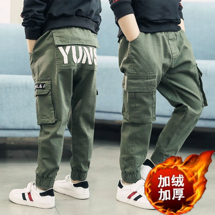 Army Green & Autumn And Winter Plush PantsBoy spring and autumn trousers Zhongda Tong children Overalls boy leisure time trousers Korean version easy pupil Foreign style tide