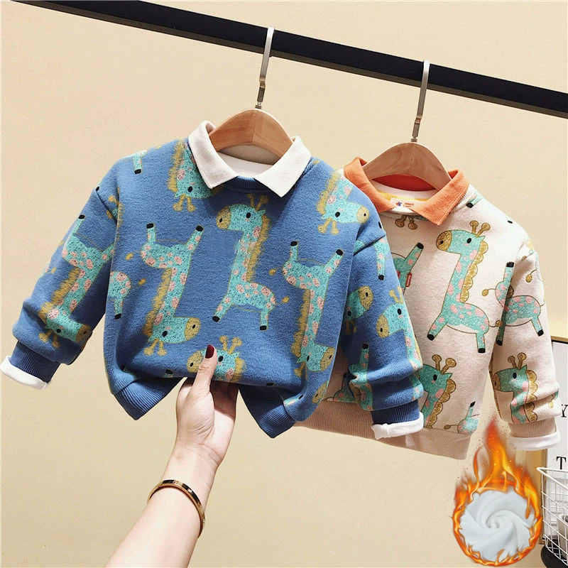 Quần áo bé trai ve áo cộng với áo len nhung - Phù hợp với trẻ em