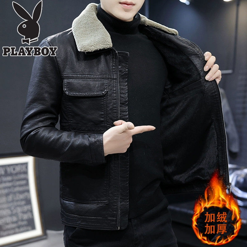 Playboy nam da mùa đông mới trẻ trung áo khoác da PU cộng với nhung dày áo khoác ngắn xe máy nam - Quần áo lông thú