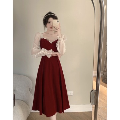 taobao agent Burgundy demi-season advanced dress, plus size, french style, A-line, fitted, high-quality style