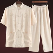 Vải lanh mới cửa hàng Tang phù hợp với màu trắng cổ điển thiểu số quần áo nam màu tím quần áo nam mùa hè trang phục ông già - Trang phục dân tộc