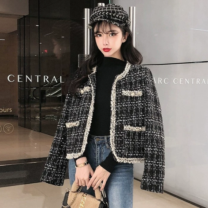 Thời trang nước hoa nhỏ retro tweed áo khoác ngắn nữ mới Hàn Quốc áo nịt lỏng giản dị hàng đầu xu hướng - Áo len lót đôi