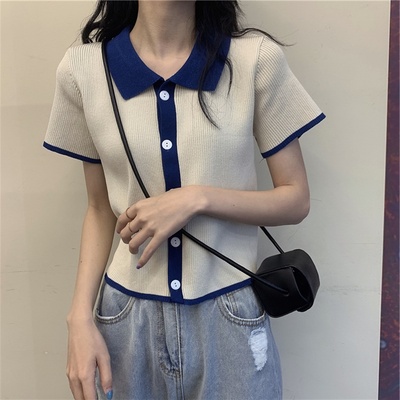 taobao agent Summer short knitted thin cardigan, short sleeve T-shirt, polo collar, plus size, fitted