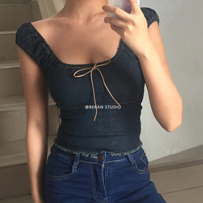 taobao agent Retro cute fitted brace, denim T-shirt, vest, square neckline