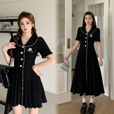 taobao agent Black doll, summer dress, long skirt, plus size, french style, fitted