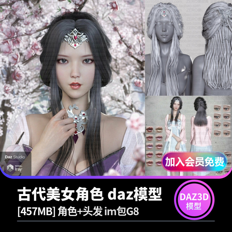 J1329 daz3d模型中国古风古代仙侠女角色人物设计素材IM G8含发型-cg男孩