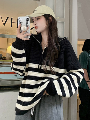 taobao agent Top, knitted chain with zipper, sweater, plus size, fitted, autumn, long sleeve