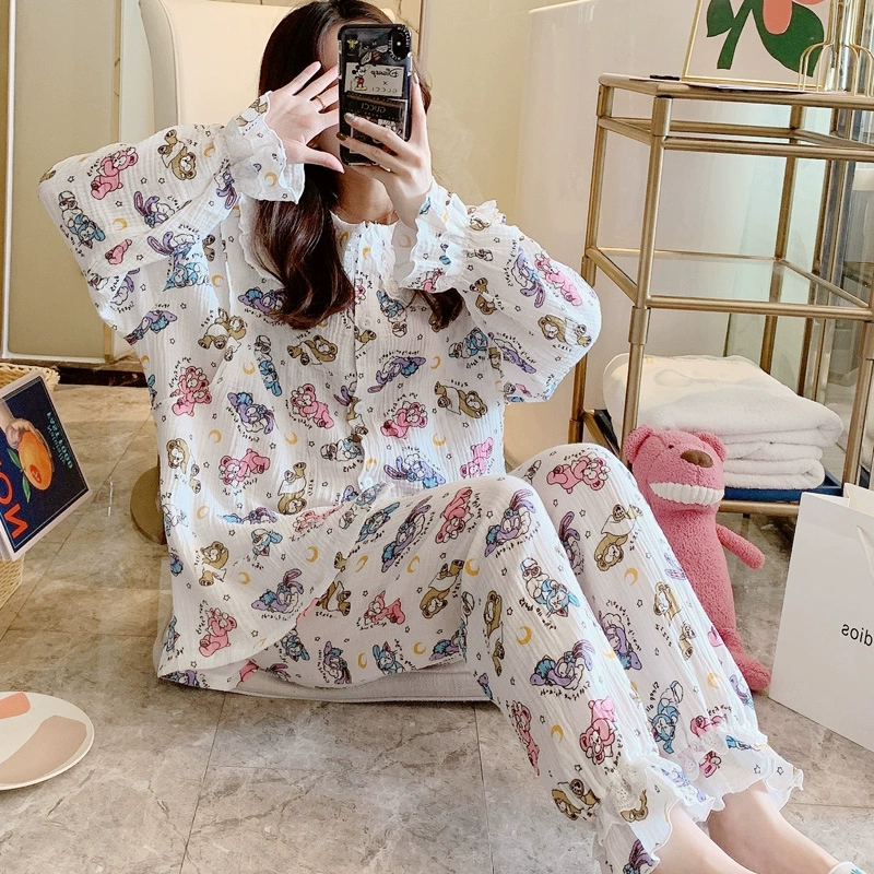 Bộ đồ ngủ bằng vải cotton tinh khiết hoạt hình phụ nữ mang thai bộ đồ ngủ mùa xuân và mùa thu và mùa hè sau sinh quần áo giam giữ cho con bú và cho con bú đồ ngủ - Giải trí mặc / Mum mặc