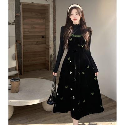 taobao agent Velvet winter dress, long skirt, long-sleeve, set, plus size, french style, floral print, high collar