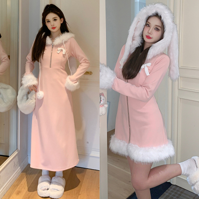 taobao agent Velvet dress with hood, fitted brace, plus size, french style, autumn, A-line