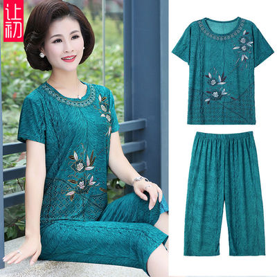 ZZ1母亲节妈妈装套装夏装短袖冰丝宽松中年妇女两件套中老年女装