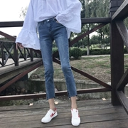 Mùa xuân nữ phiên bản Hàn Quốc của quần lọt khe thon gọn co giãn chín quần bên hông xẻ cao eo quần jeans chân - Cộng với kích thước quần áo