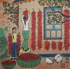 Рисунки акварелью и гуашью 辣妹子辣椒丰收乡下家园农村姑娘挂辣子户县农民画尺寸25x25cm