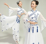 Màu xanh và trắng sứ guzheng trang phục nữ trưởng thành phong cách retro Trung Quốc phong cách quốc gia gió cổ điển biểu diễn múa thanh lịch