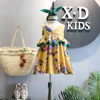 Trẻ em Hàn Quốc quần áo 2018 mùa hè mới cô gái retro đại dương kỳ nghỉ gió màu bông và vải lanh treo váy tóc ban nhạc váy đẹp cho bé