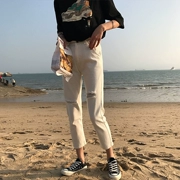 Phiên bản Hàn Quốc của quần jean trắng cạp cao mới mùa hè nữ thẳng lỗ rộng buông xõa mỏng học sinh hoang dã Harlan chín quần