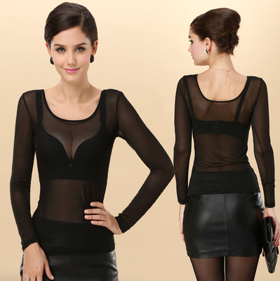 黑色全透明网纱打底衫女长袖薄款超弹力性感透视上衣前后u领t恤潮-淘宝网 黑色全透明网纱打底衫女长袖薄款超弹力性感透视上衣前后u领t恤潮-淘宝网