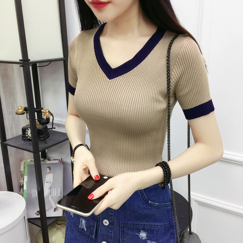 2018 mùa hè của phụ nữ tính khí mới hoang dã V-cổ đan ngắn tay áo Hàn Quốc phiên bản của màu sắc phù hợp với một nửa tay áo triều