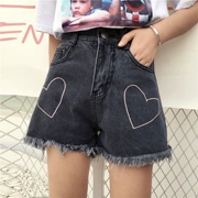 Mùa hè ăn mặc Hàn Quốc phiên bản của cá tính tình yêu thêu lỏng jeans viền quần chân rộng cao eo quần thẳng quần short triều