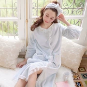 New Hàn Quốc nút áo ngủ flannel nữ mùa đông cộng với lông cừu dài san hô váy ngủ công chúa đồ ngủ nhà áo choàng tắm