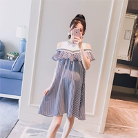 Thai sản mặc 2018 mùa hè mới sọc dọc strapless ruffle Một phiên bản búp bê phụ nữ mang thai hot mom dresses đầm bầu dự tiệc