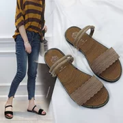 2018 mùa hè mới phong cách dép giày của phụ nữ dính giày thấp gót phía trước và phía sau cáp treo với một từ khóa với pu bên với phiên bản Hàn Quốc