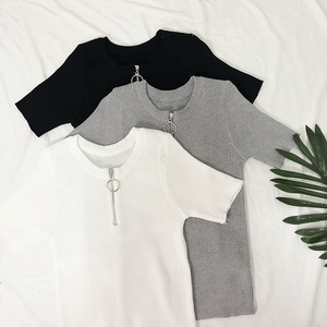 2017 mùa hè mới slim slimming hoang dã vòng dây kéo ngắn tay áo len của phụ nữ đầu giảm béo t-shirt top