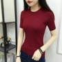 Mùa xuân và mùa hè mới của Hàn Quốc phiên bản của vòng cổ màu rắn ngắn tay áo sơ mi của phụ nữ đáy áo pit dải mỏng của phụ nữ áo len áo len áo len đôi