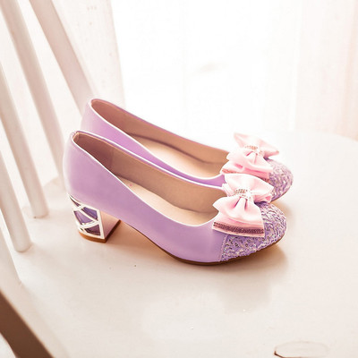 taobao agent Single high-heeled shoes 2015 new mid-heel bowl light purple thick heel round head 3-5cm girl shoes single shoes spring