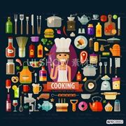 Cartoon dễ thương bếp đầu bếp đồ dùng nhà bếp nấu ăn nhân vật nấu ăn xào gia vị phẳng bữa ăn sáng biểu tượng vật liệu vector - Phòng bếp