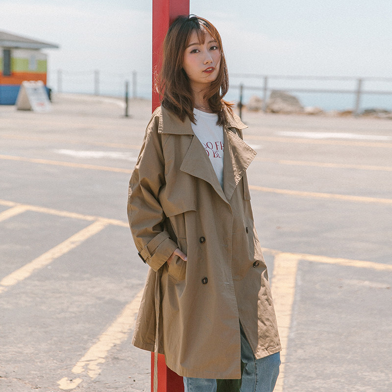 Air cat homemade | 2018 mùa xuân mới ngọt lỏng rắn màu dài tay đôi ngực áo gió áo khoác dài của phụ nữ