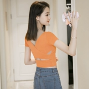 2018 mùa hè mới V-Cổ ngắn ngắn tay eo-đan áo len Mỏng Hàn Quốc mùa hè màu rắn mỏng T-Shirt