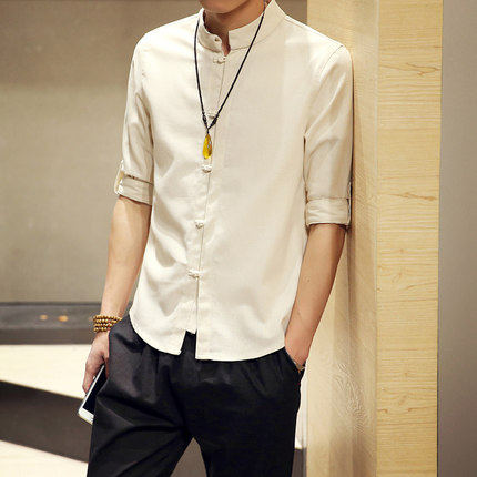 亚麻衬衫男中国风亚麻九分袖盘扣衬衫男 a036/ym09/30控48元