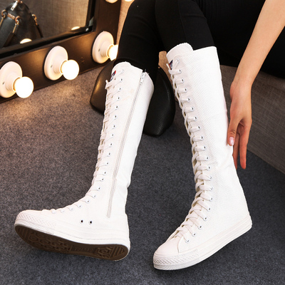 全黑高邦平底布鞋高中学生秋鞋高筒帆布鞋女拉链纯白女生高腰球鞋