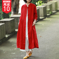 Đầu mùa thu đỏ linen áo gió dài coat dress thêu dòng khóa nữ gió quốc gia 2018 mùa thu mới áo phao nữ