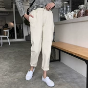 乡 丫头 2018 mùa thu eo cao jeans hoang dã giản dị hậu cung quần màu be thời trang mỏng chín quần phụ nữ triều
