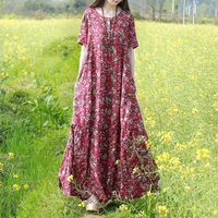 Этническое летнее длинное пляжное платье, длинная юбка, из хлопка и льна, средней длины, цветочный принт, стиль бохо, этнический стиль